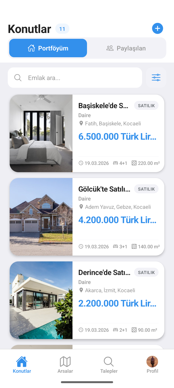 Estacuzdan uygulaması konut portföyü ekranı